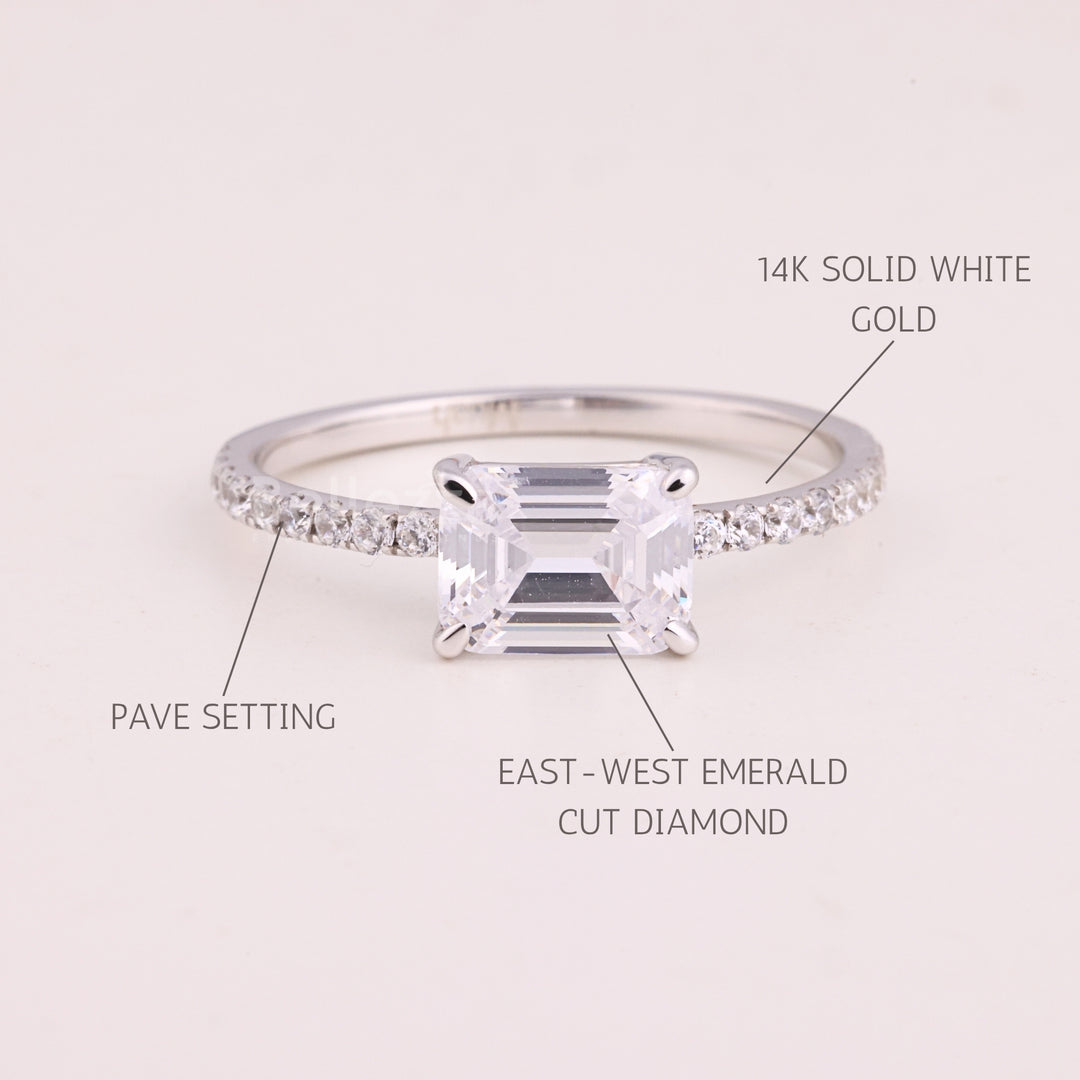 1.0CT East-West Emerald Cut Pave Setting Moissanite Engagement Ring