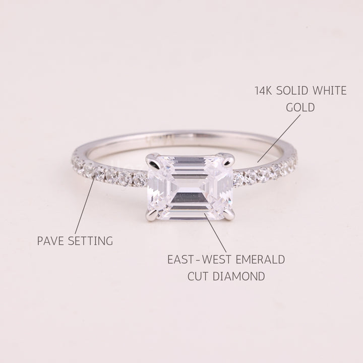 1.0CT East-West Emerald Cut Pave Setting Moissanite Engagement Ring