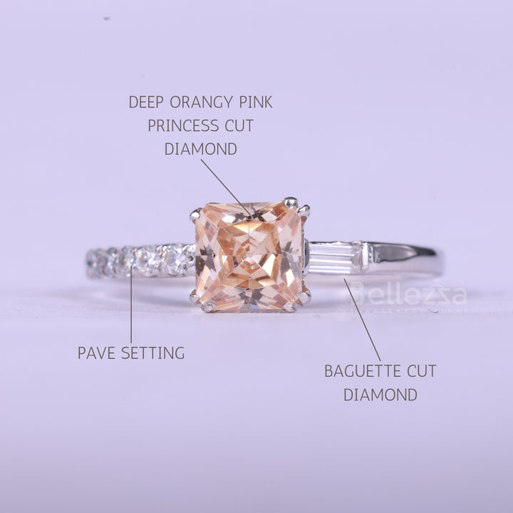 0.75CT Princess Cut Orangy Pink Unique Engagement Ring