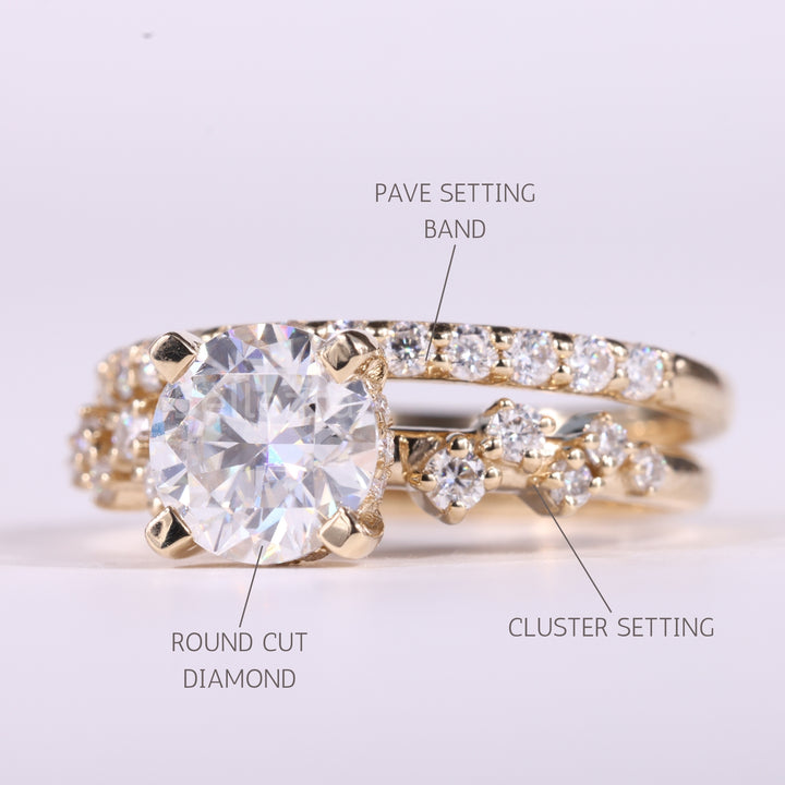1.0CT Round Cut Cluster Diamond Moissanite Engagement Ring Set