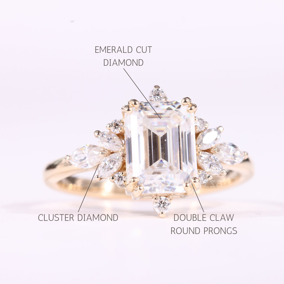 1.00CT Emerald Cut Cluster Diamond Moissanite Engagement Ring