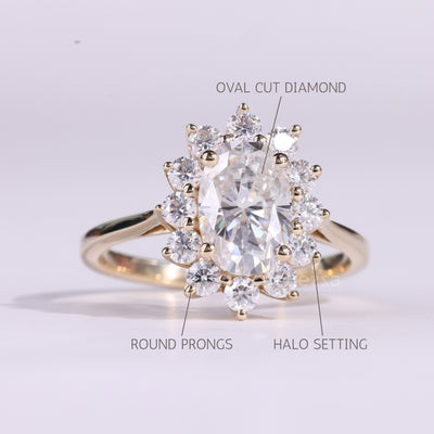 1.50CT Oval Cut Floral Halo Setting Moissanite Engagement Ring