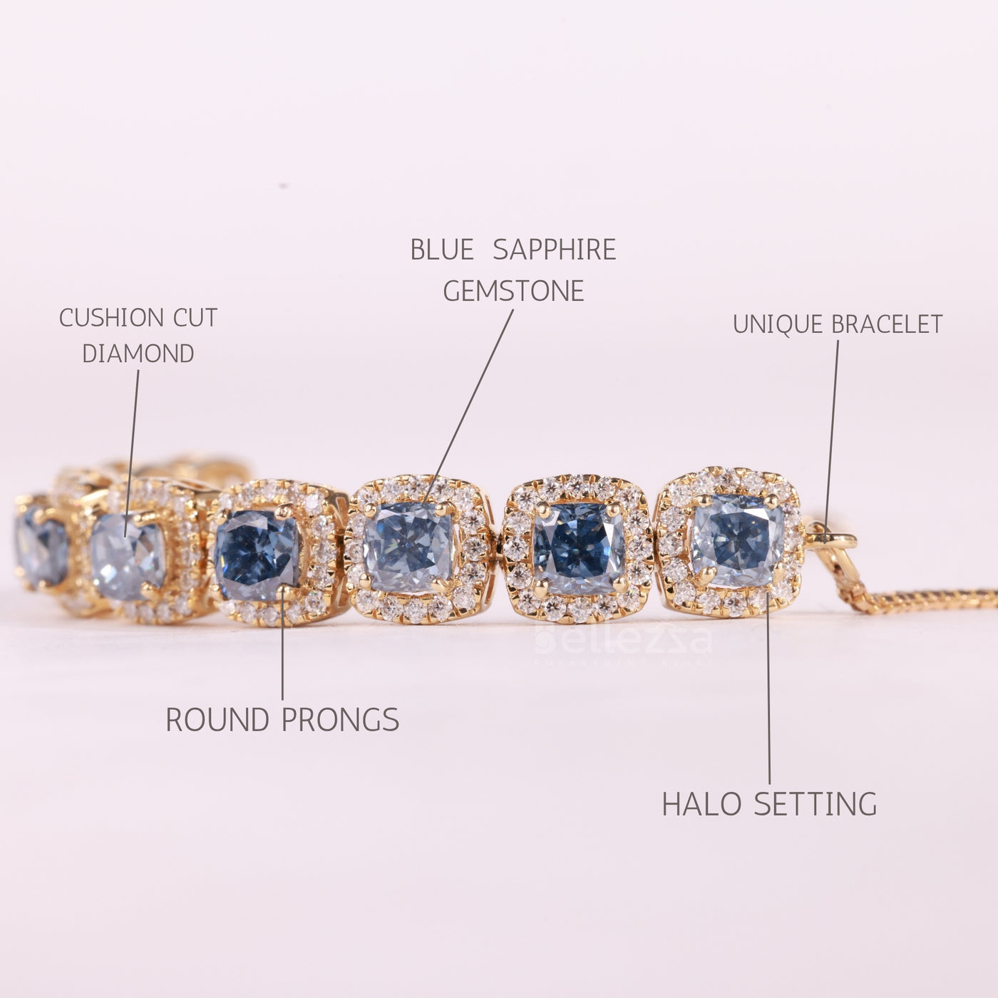Cushion Cut Blue Sapphire Gemstone Halo Set Moissanite Bracelet
