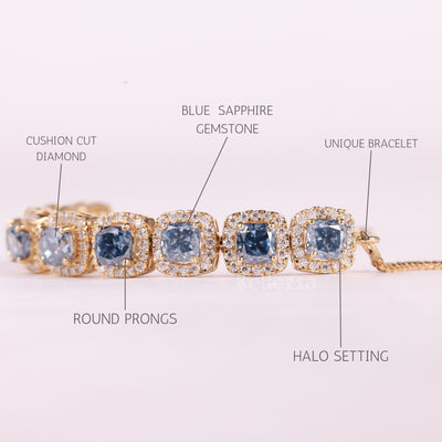Cushion Cut Blue Sapphire Gemstone Halo Set Moissanite Bracelet
