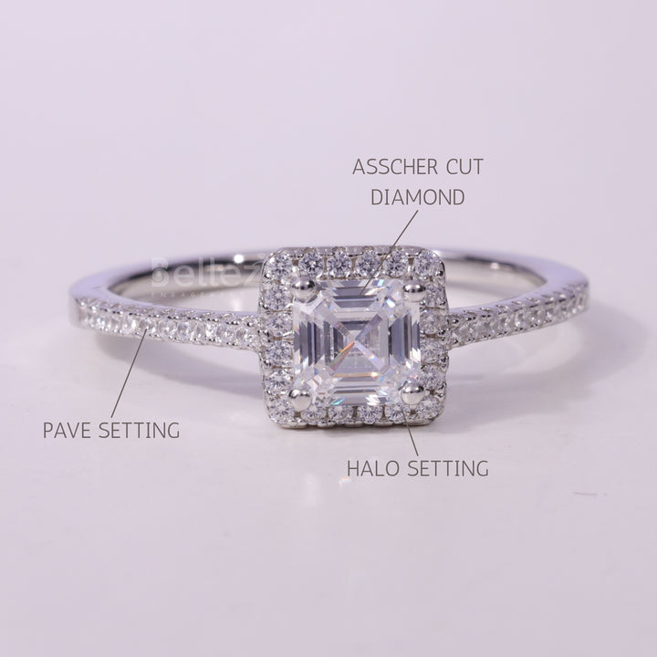 1.0CT Asscher Cut Halo Pave Setting Moissanite Engagement Ring