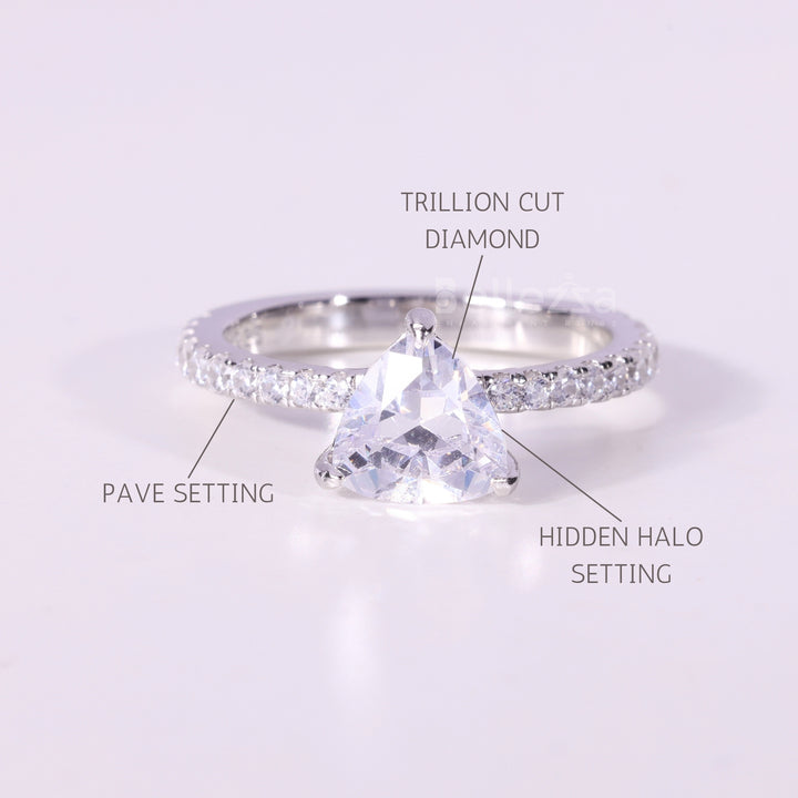 1.0CT Trillion Cut Hidden Halo Pave Setting Moissanite Engagement Ring