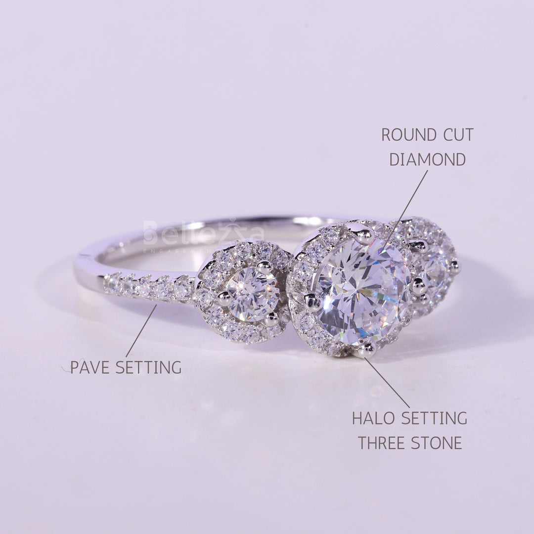 0.50CT Round Cut Three Stone Halo Setting Moissanite Engagement Ring