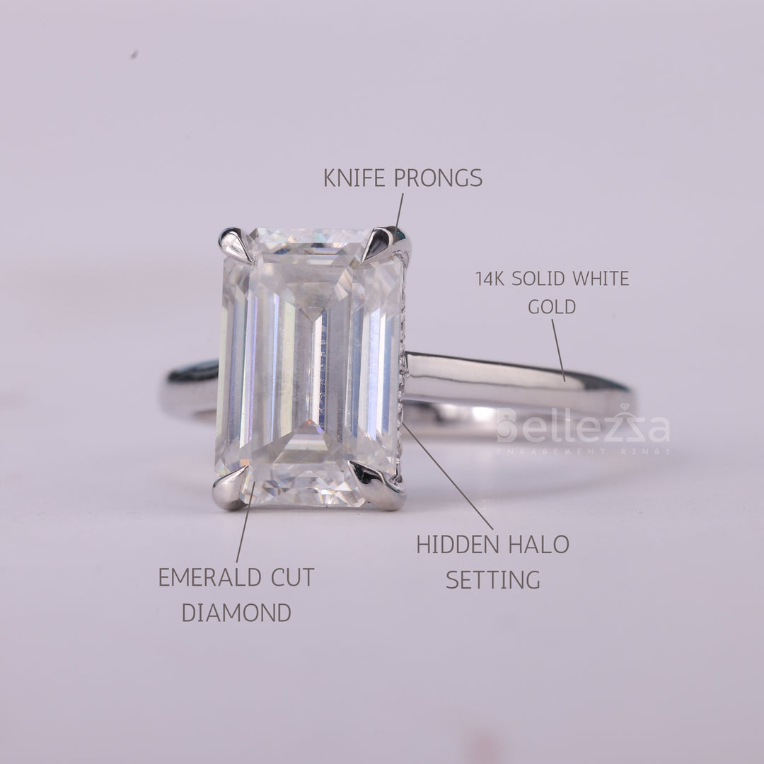 1.50CT Emerald Cut Diamond Hidden Halo Moissanite Engagement Ring