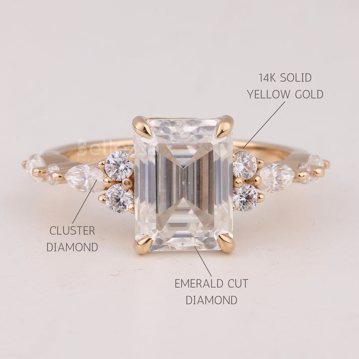 1.50CT Emerald Cut Cluster Diamond Moissanite Engagment Ring
