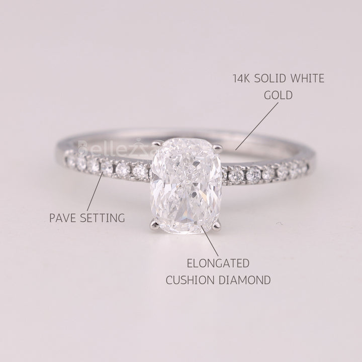 1.0CT Elongated Cushion Cut Pave Setting Engagement Ring