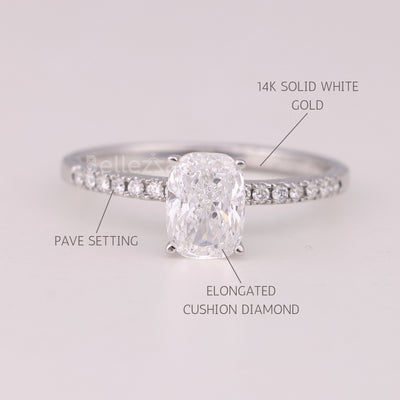 1.0CT Elongated Cushion Cut Pave Setting Engagement Ring