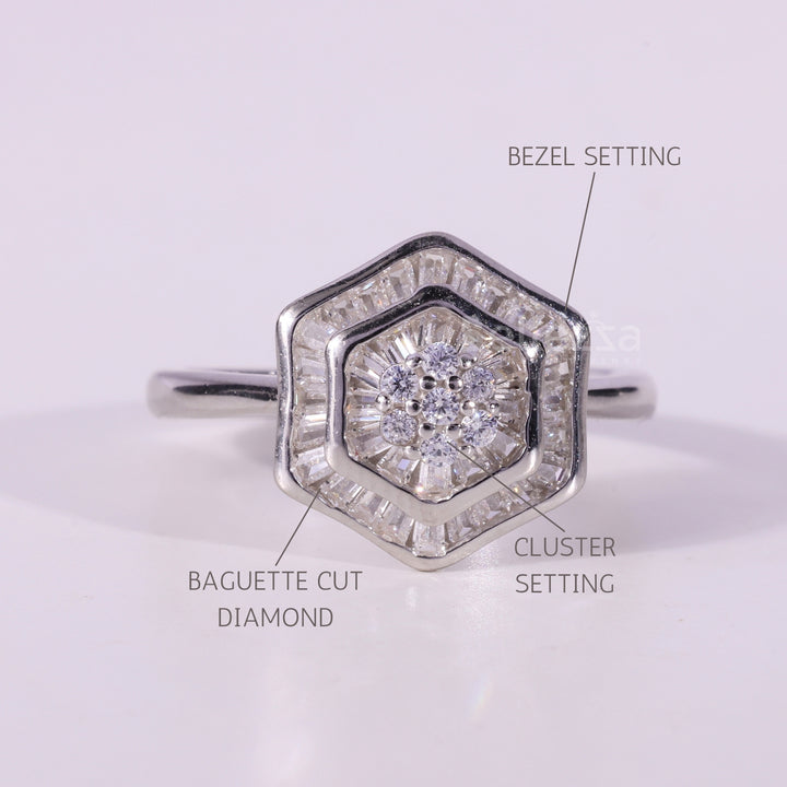 Round & Baguette Cut Cluster Diamond Moissanite Engagement Ring