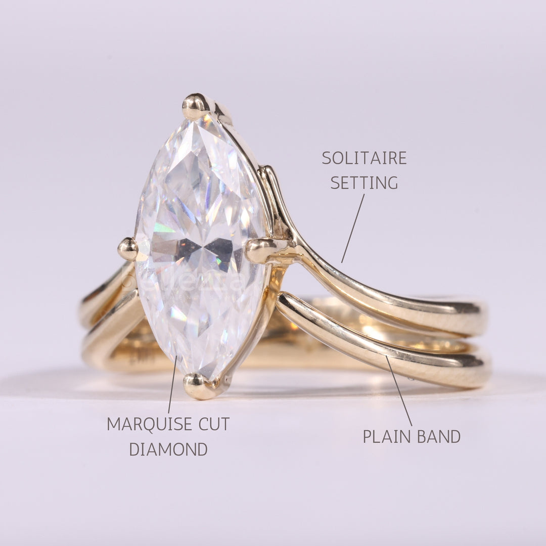 2.0CT Marquise Cut Unique Solitaire Curved Moissanite Bridal Ring Set