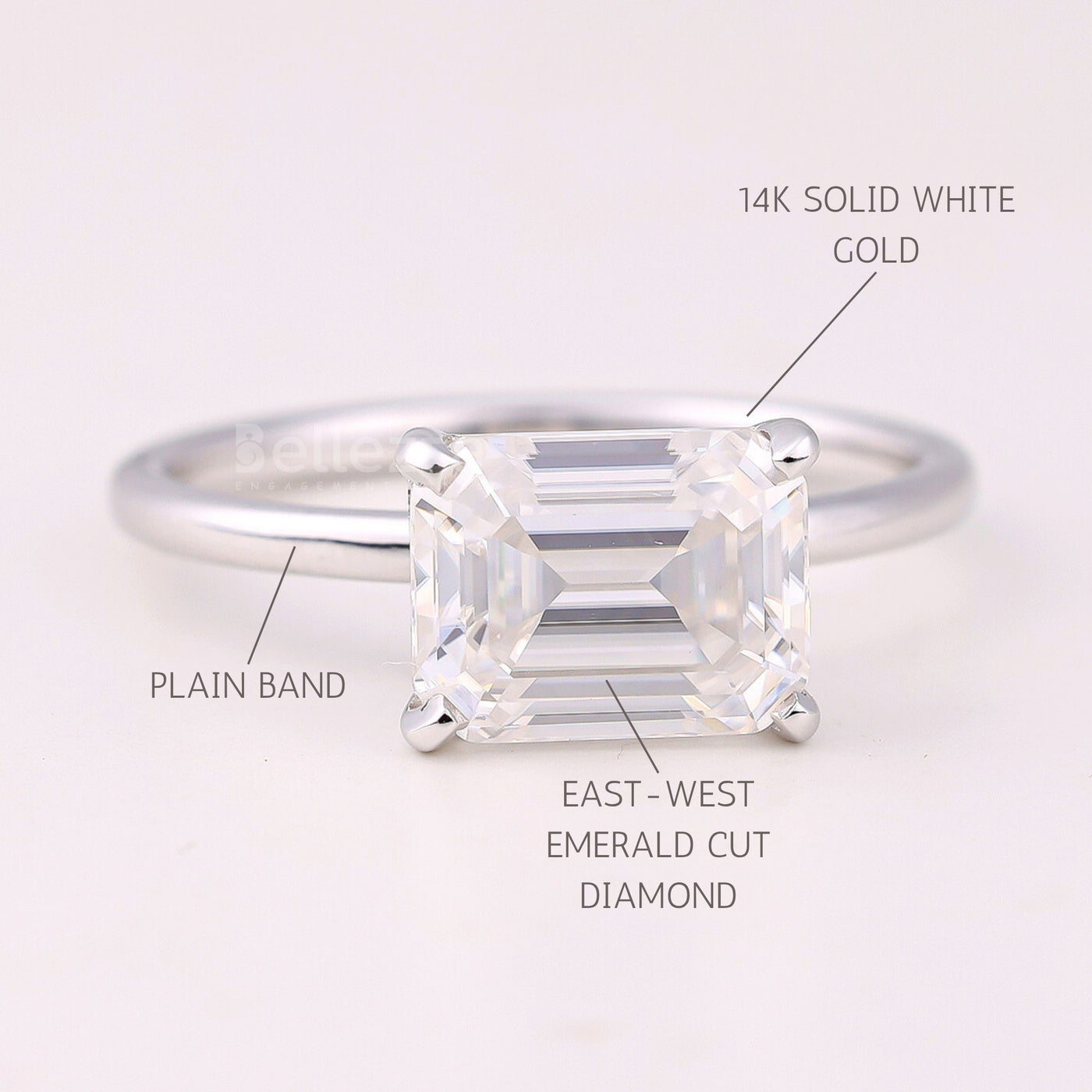 2.0CT East-West Emerald Cut Solitaire Moissanite Engagement Ring