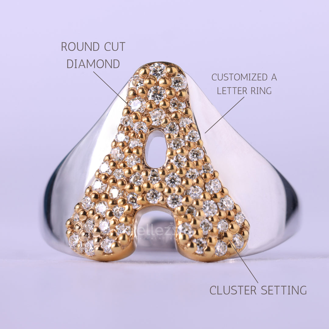 Round Cut Customized A Letter Moissanite Engagement Ring