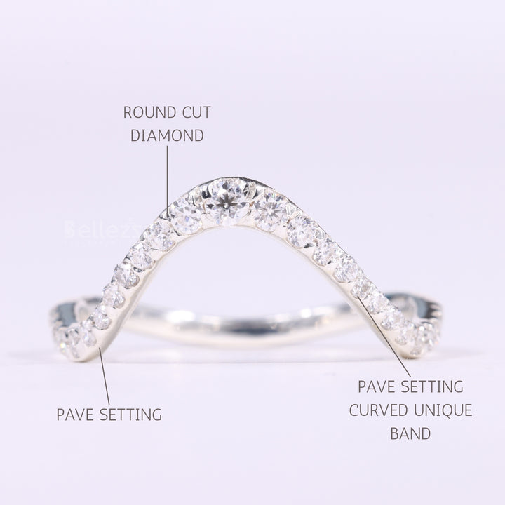 Round Cut Pave Setting Curved Moissanite Wedding Band