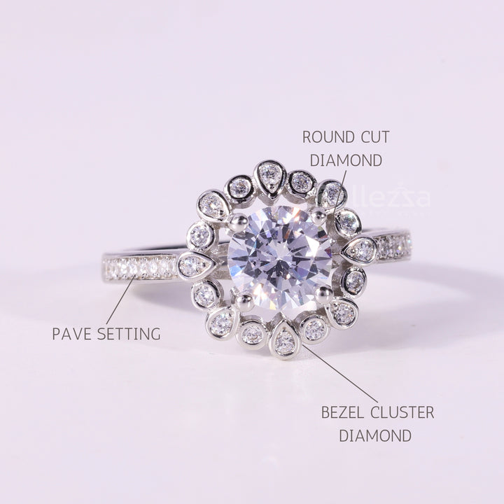 1.0CT Round Cut Unique Cluster Bezel Setting Engagement Ring
