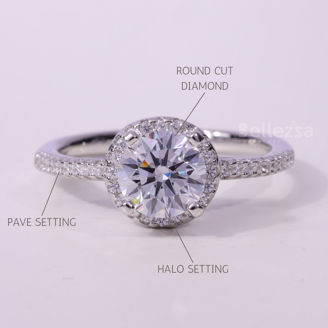 1.0CT Round Cut Halo Setting Moissanite Engagement Ring