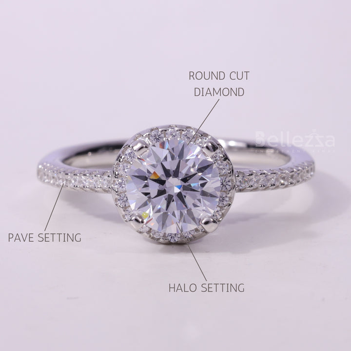 1.0CT Round Cut Halo Setting Moissanite Engagement Ring