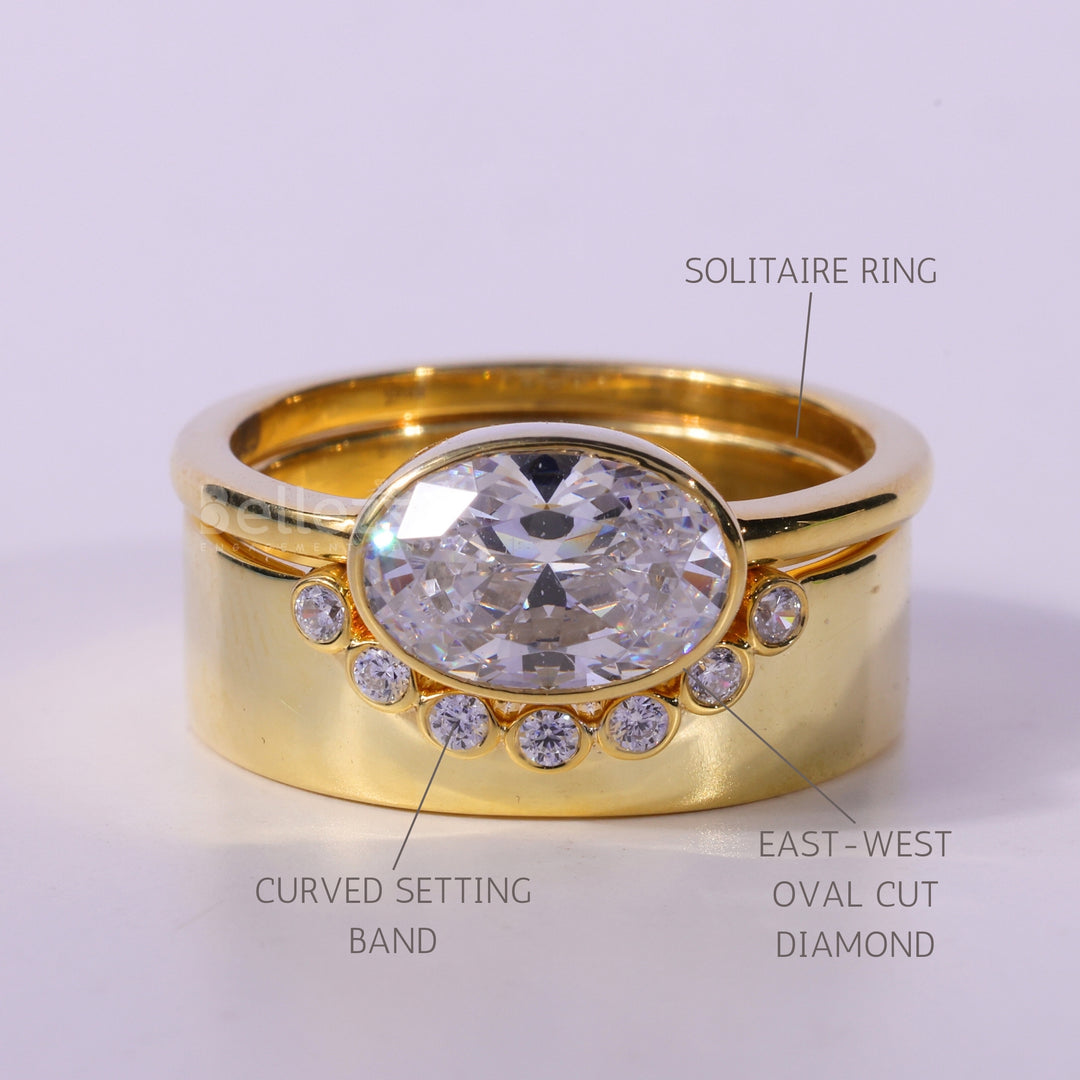 1.50CT East-west Oval Cut Diamond Curved Moissanite Bridal Ring Set