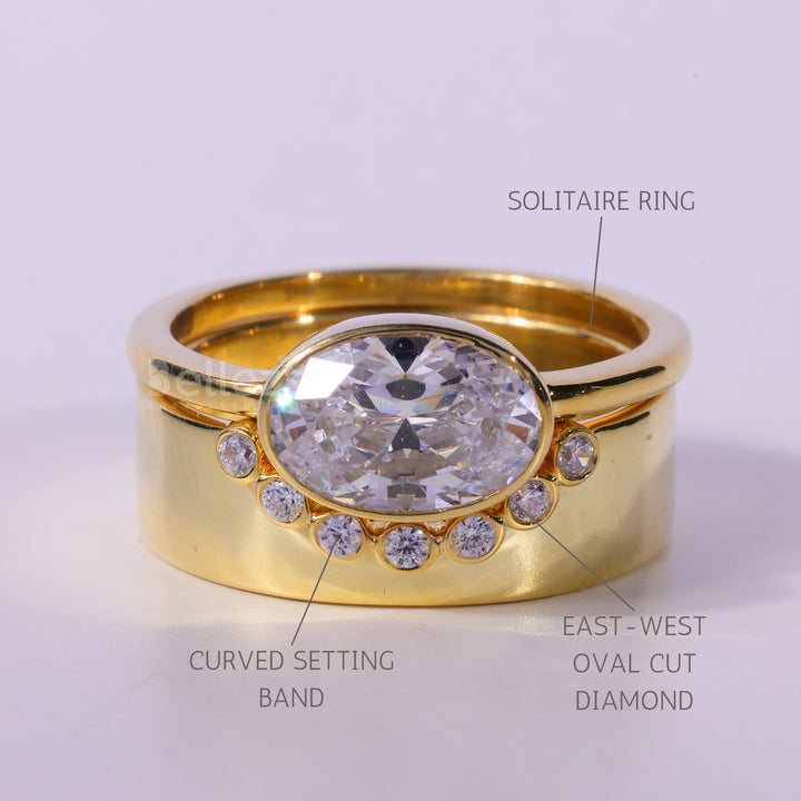 1.50CT East-west Oval Cut Diamond Curved Moissanite Bridal Ring Set
