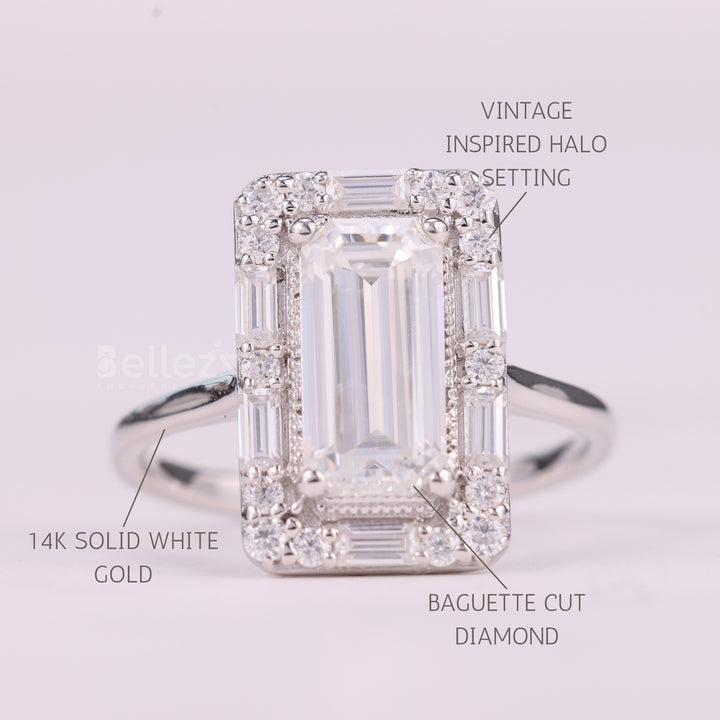 1.50CT Baguette Cut Halo Cluster Diamond Moissanite Engagement Ring
