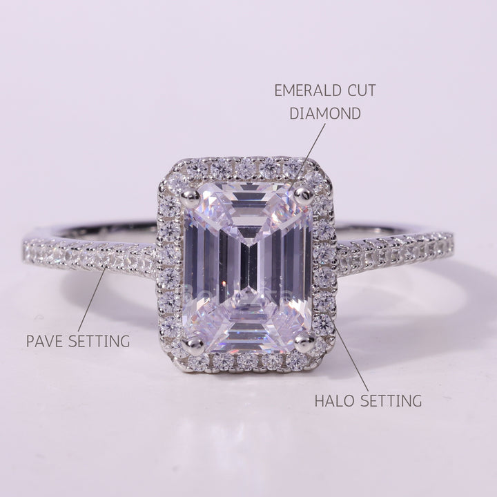 1.0CT Emerald Cut Halo Setting Moissanite Engagement Ring