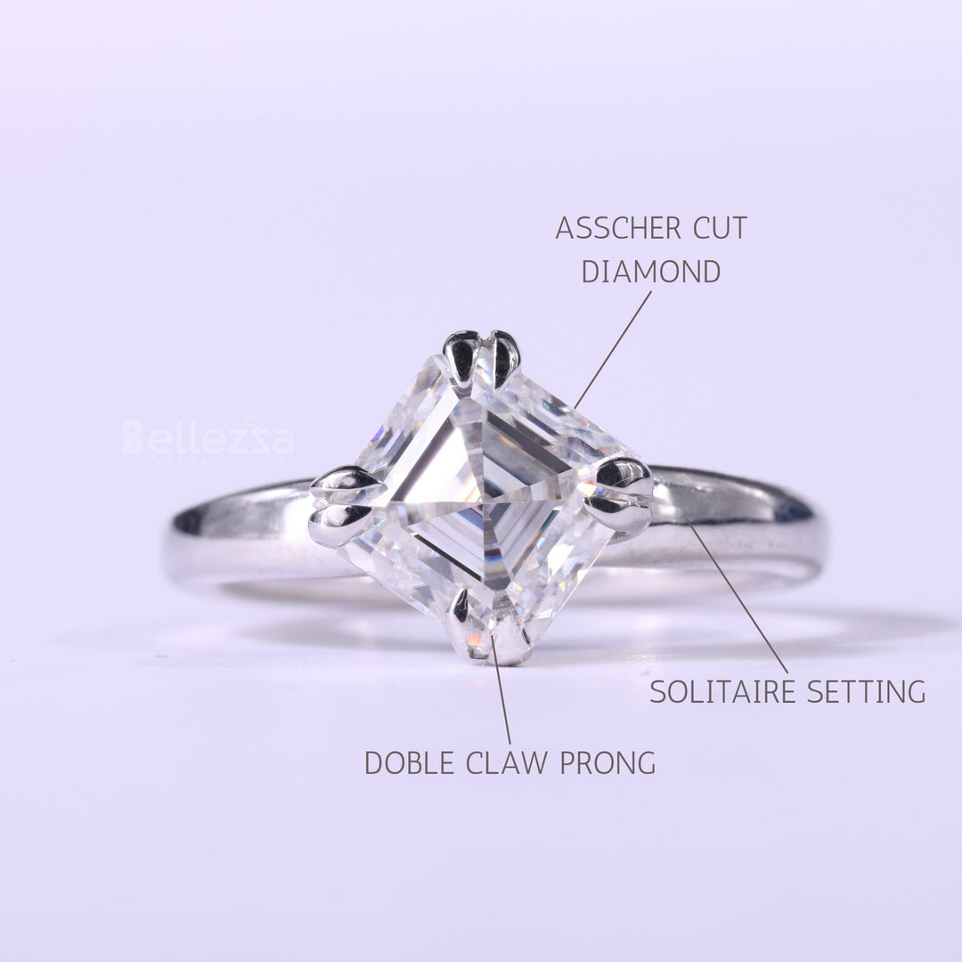 1.0CT Asscher Cut Solitaire Moissanite Engagement Ring