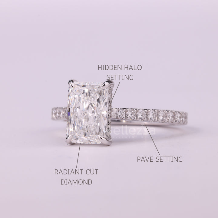 1.50CT Radiant Cut Hidden Halo Pave Setting Moissanite Engagement Ring