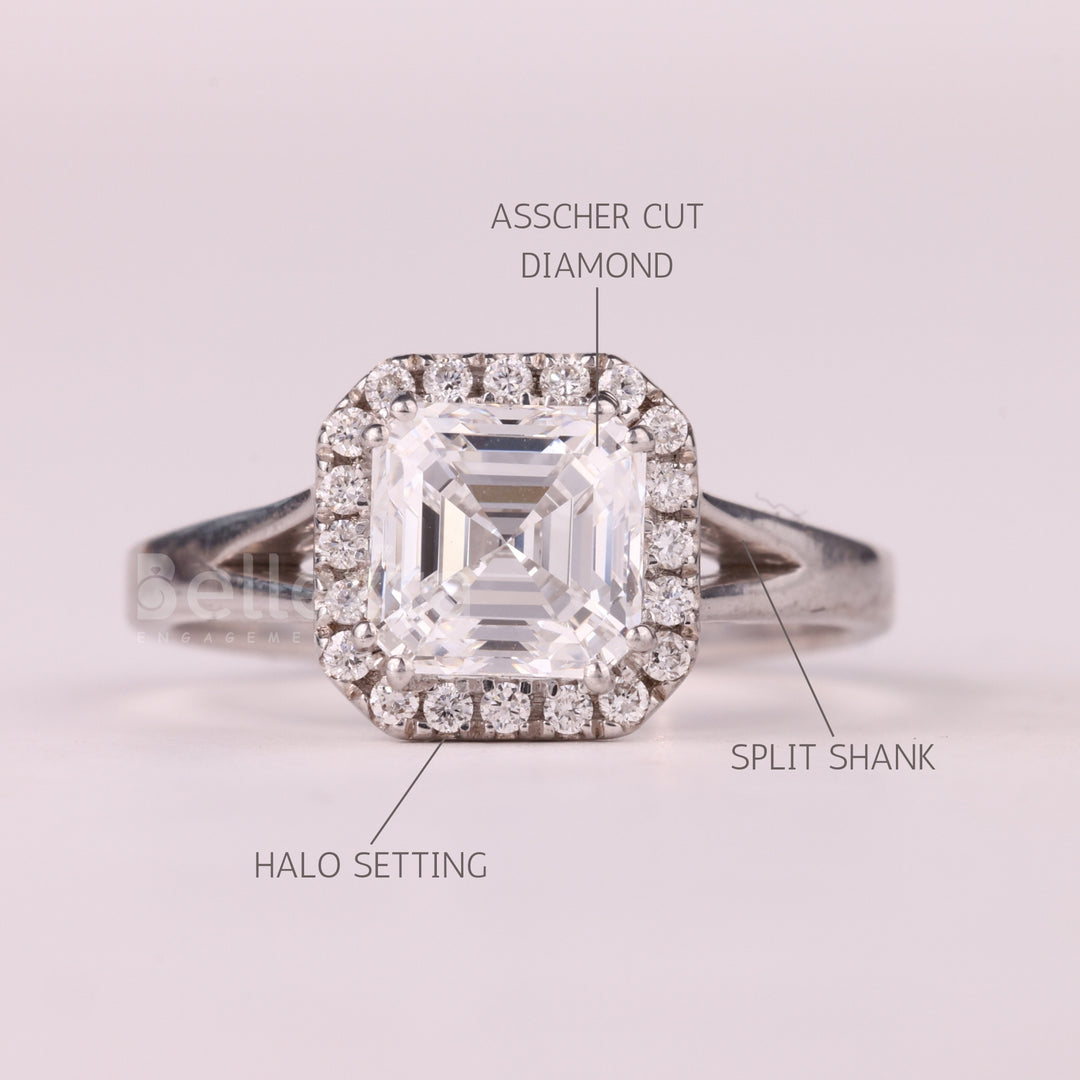 1.0CT Asscher Cut Halo Setting Split Shank Moissanite Engagement Ring
