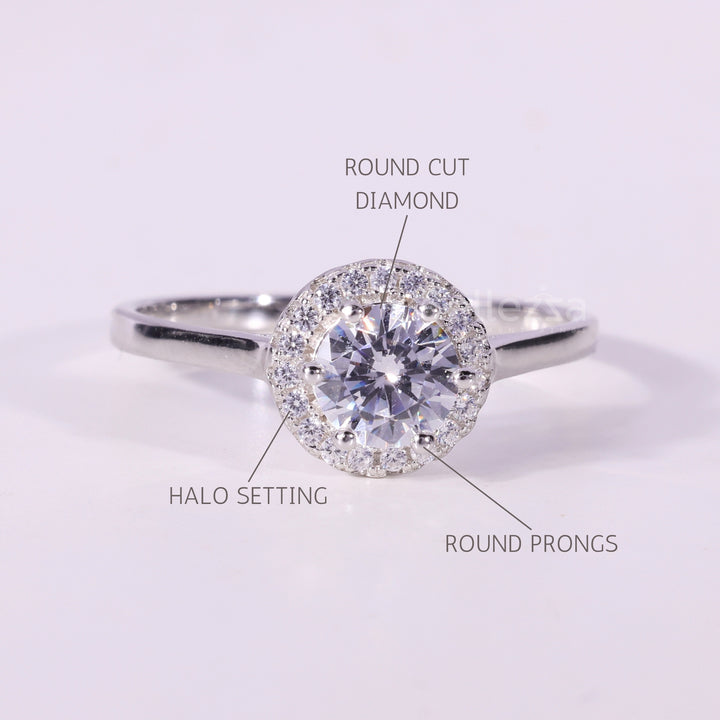 0.50CT Round Cut Diamond Halo Setting Moissanite Engagement Ring