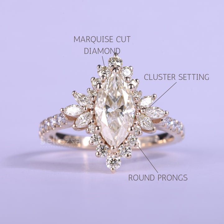1.0CT Marquise Cut Cluster Diamond Engagement Ring