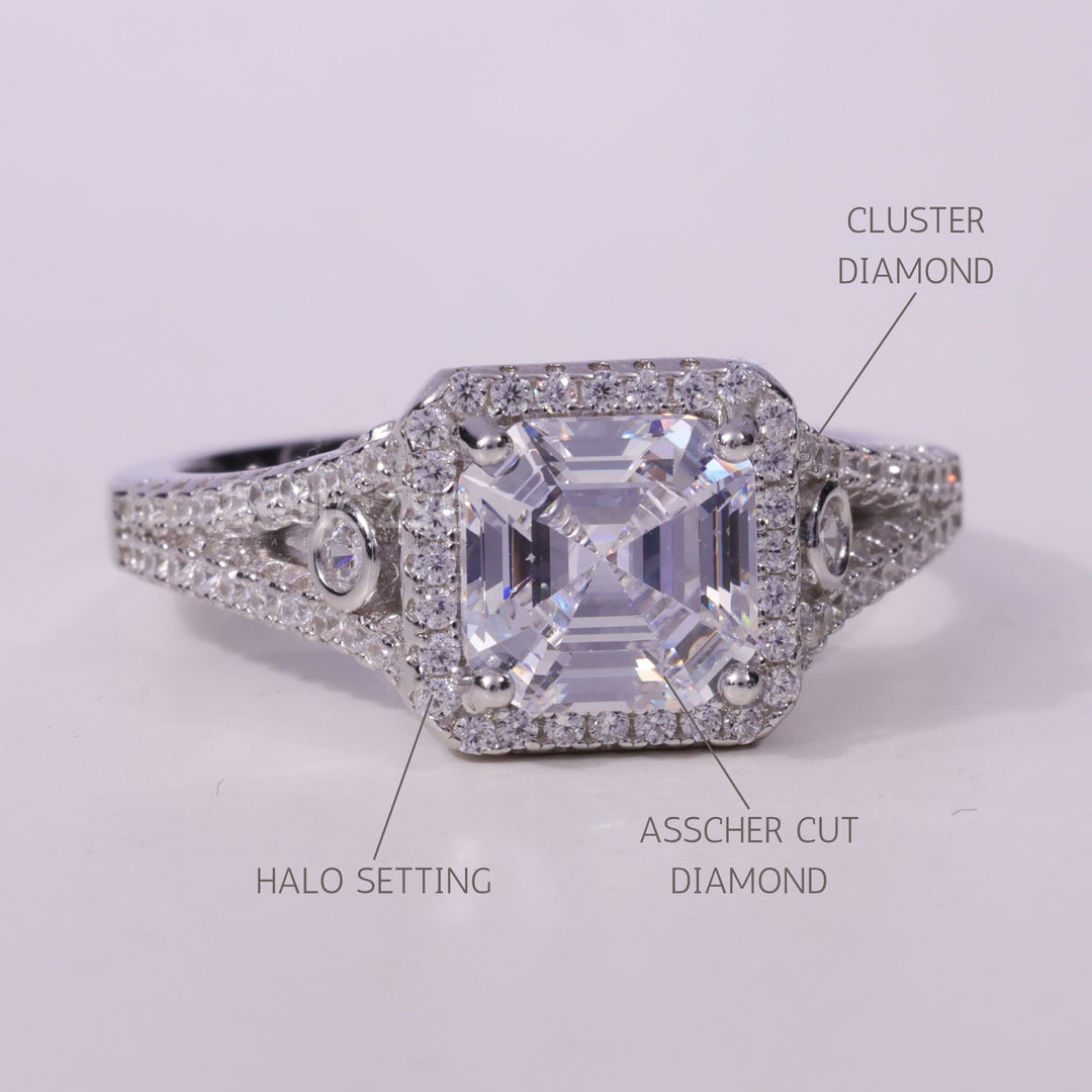 1.50CT Asscher Cut Cluster Diamond Moissanite Engagement Ring