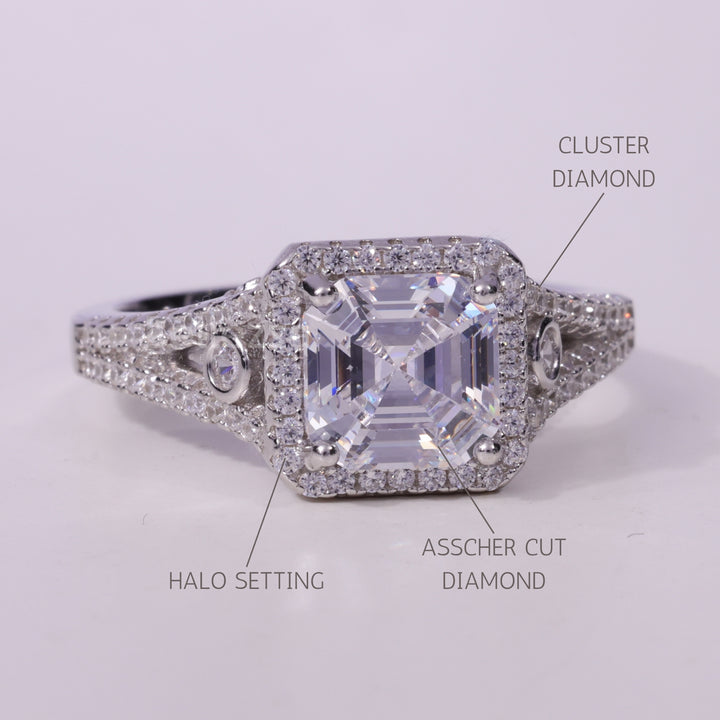 1.50CT Asscher Cut Cluster Diamond Moissanite Engagement Ring