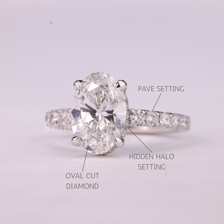 1.0CT Oval Cut Hidden Halo Pave Setting Moissanite Engagement Ring