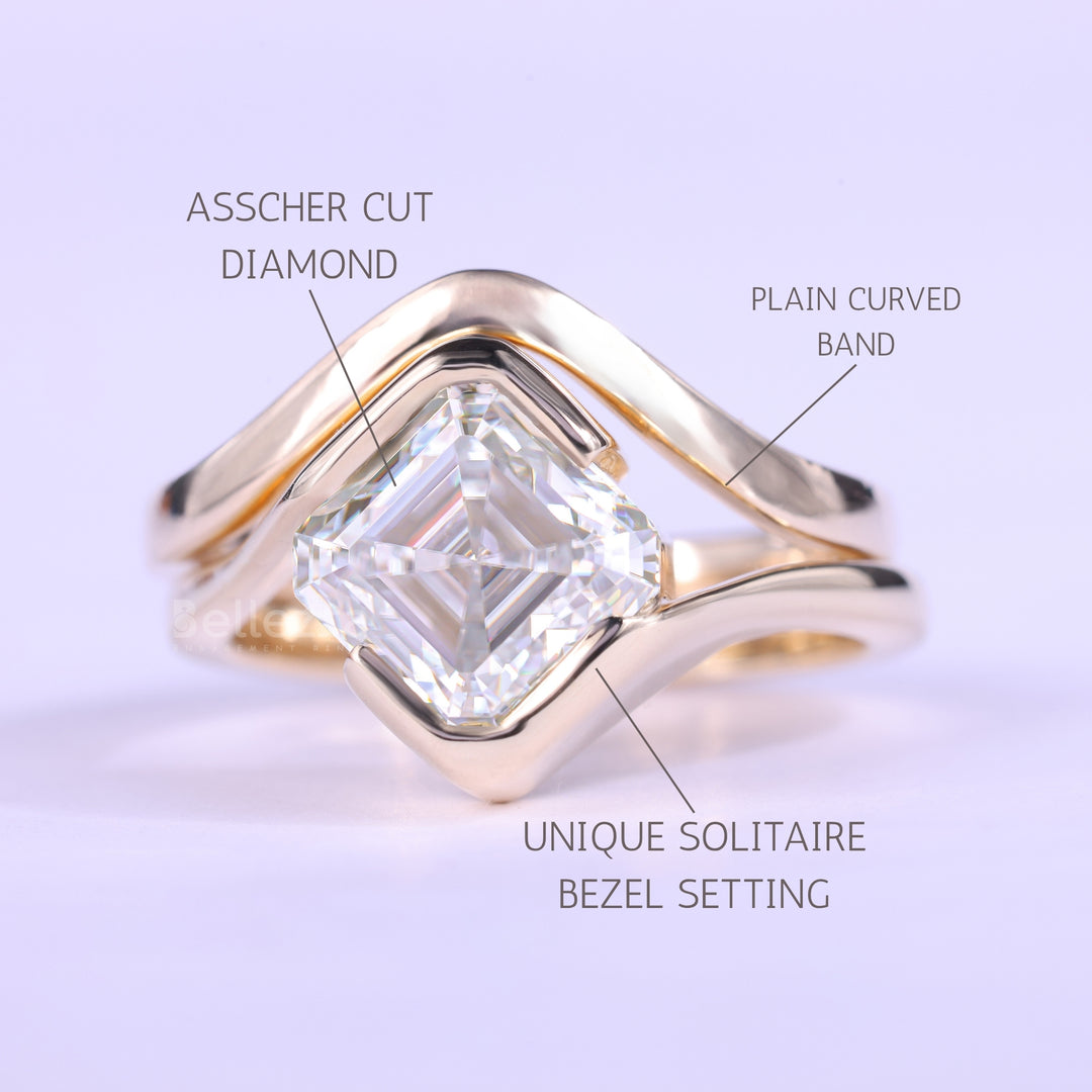 1.50CT Asscher Cut Unique Bezel Setting Moissanite Bridal Ring Set