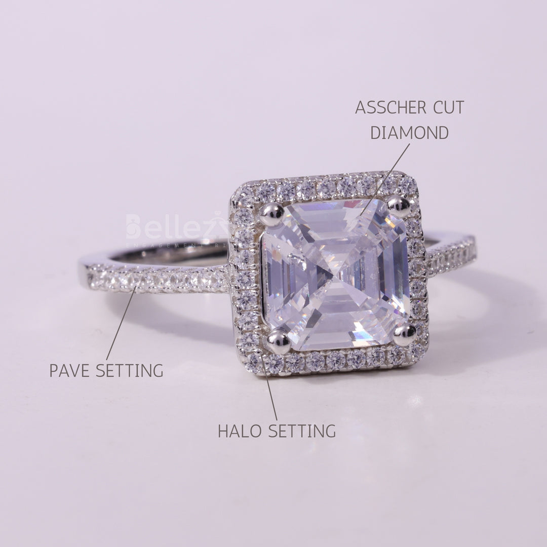 1.0CT Asscher Cut Pave Setting Moissanite Engagement Ring