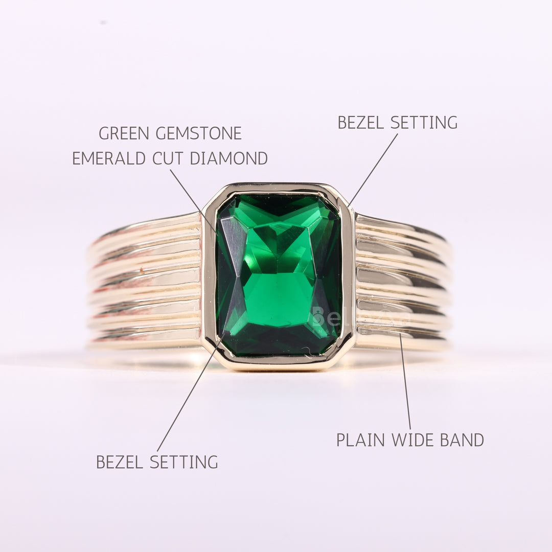 1.50CT Emerald Cut Green Gemstone Bezel Setting Men's Wedding Ring