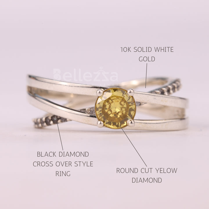 0.7CT Round Cut Yellow Diamond Unique Crossover Engagement Ring
