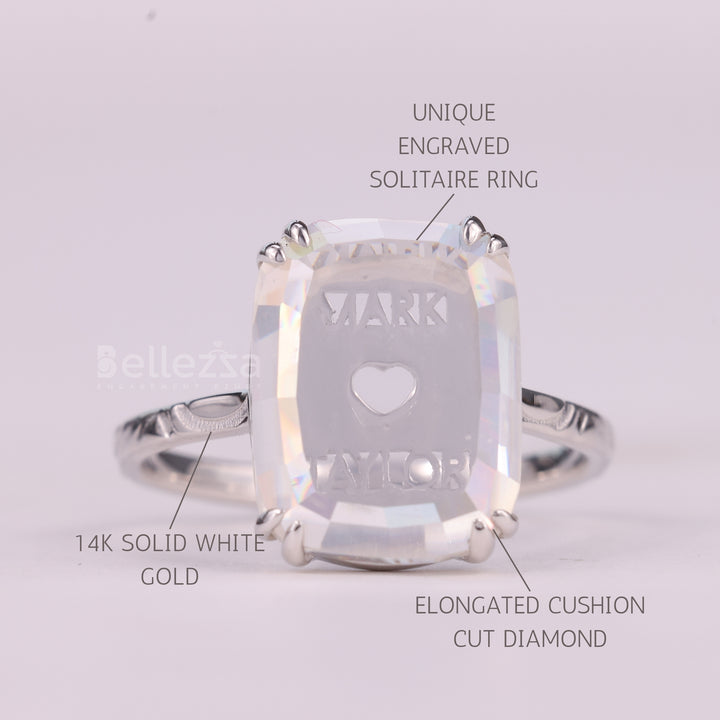 5.0CT Elongated Cushion Cut Unique Engraved Solitaire Engagement Ring