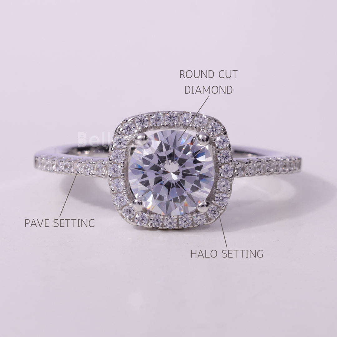 1.0CT Round Cut Halo Pave Setting Moissanite Engagement Ring