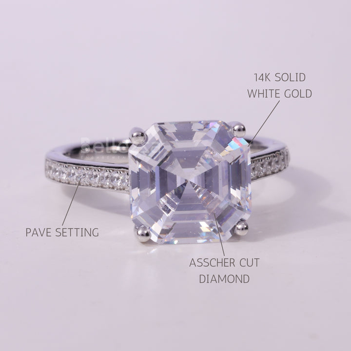 2.0CT Asscher Cut Pave Setting Moissanite Engagement Ring