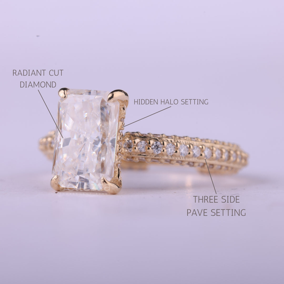 1.0CT Radiant Cut Three Side Pave Setting Moissanite Engagement Ring