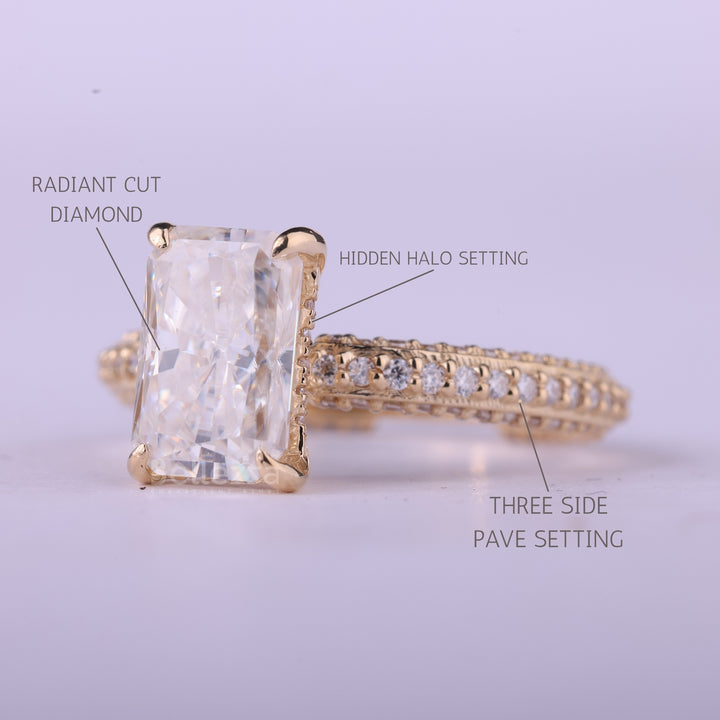1.0CT Radiant Cut Three Side Pave Setting Moissanite Engagement Ring