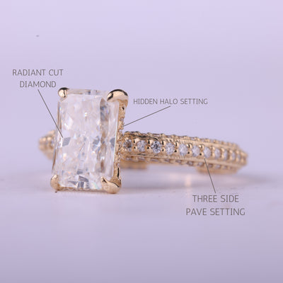 1.0CT Radiant Cut Three Side Pave Setting Moissanite Engagement Ring