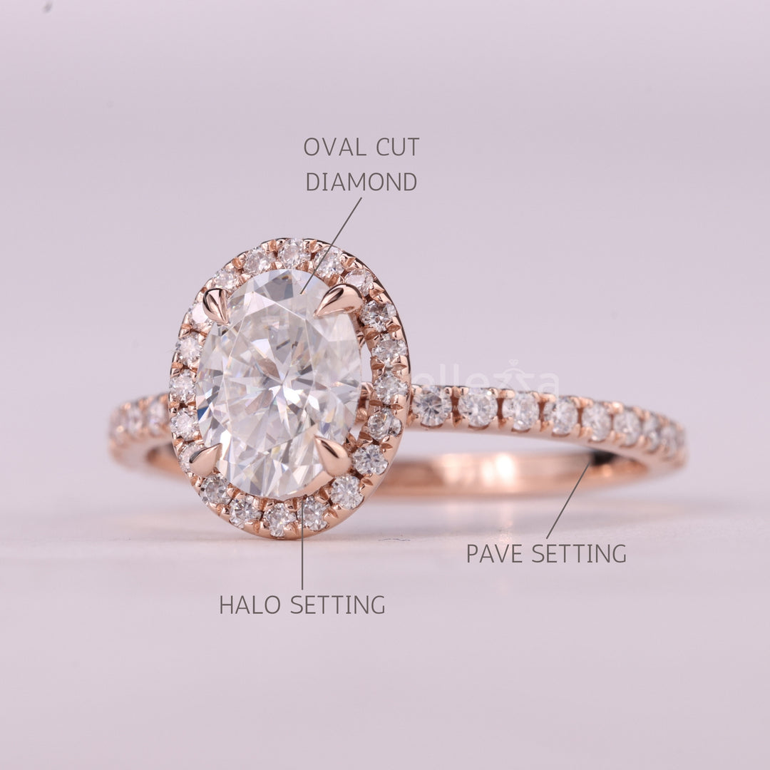 1.0CT Oval Cut Halo Pave Setting Moissanite Engagement Ring