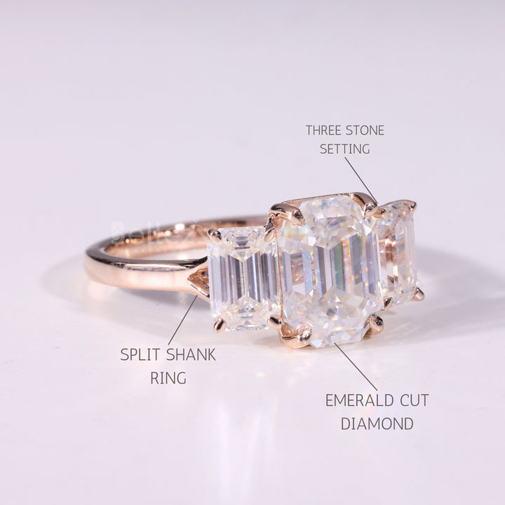 1.0CT Emerald Cut Three Stone Moissanite Engagement Ring