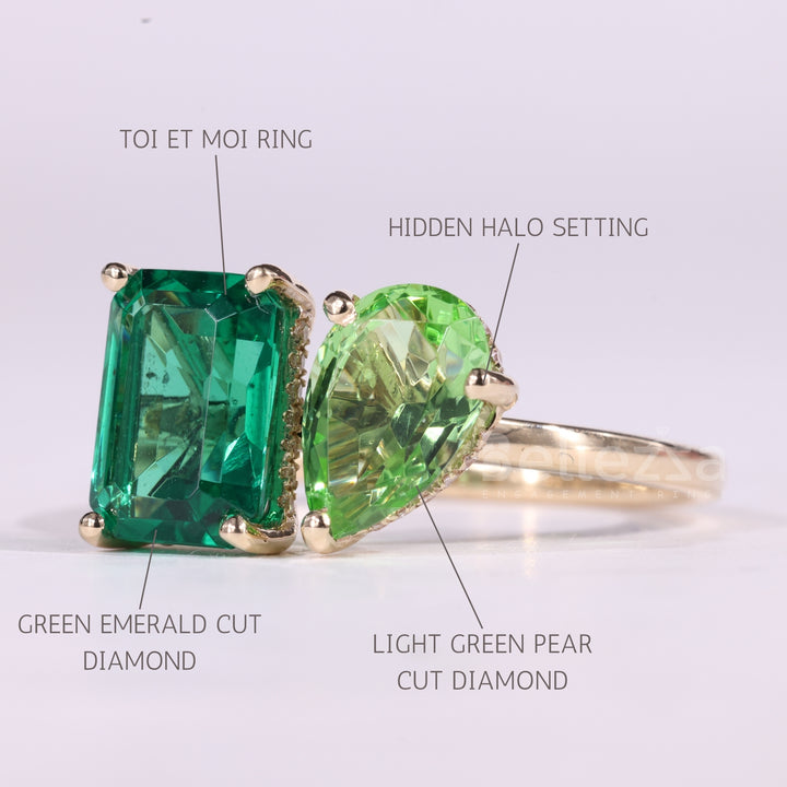 2.0CTW Emerald & Pear Cut Green Gemstone Toi Et Moi Engagement Ring