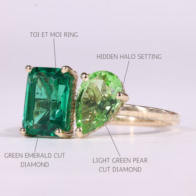 2.0CTW Emerald & Pear Cut Green Gemstone Toi Et Moi Engagement Ring