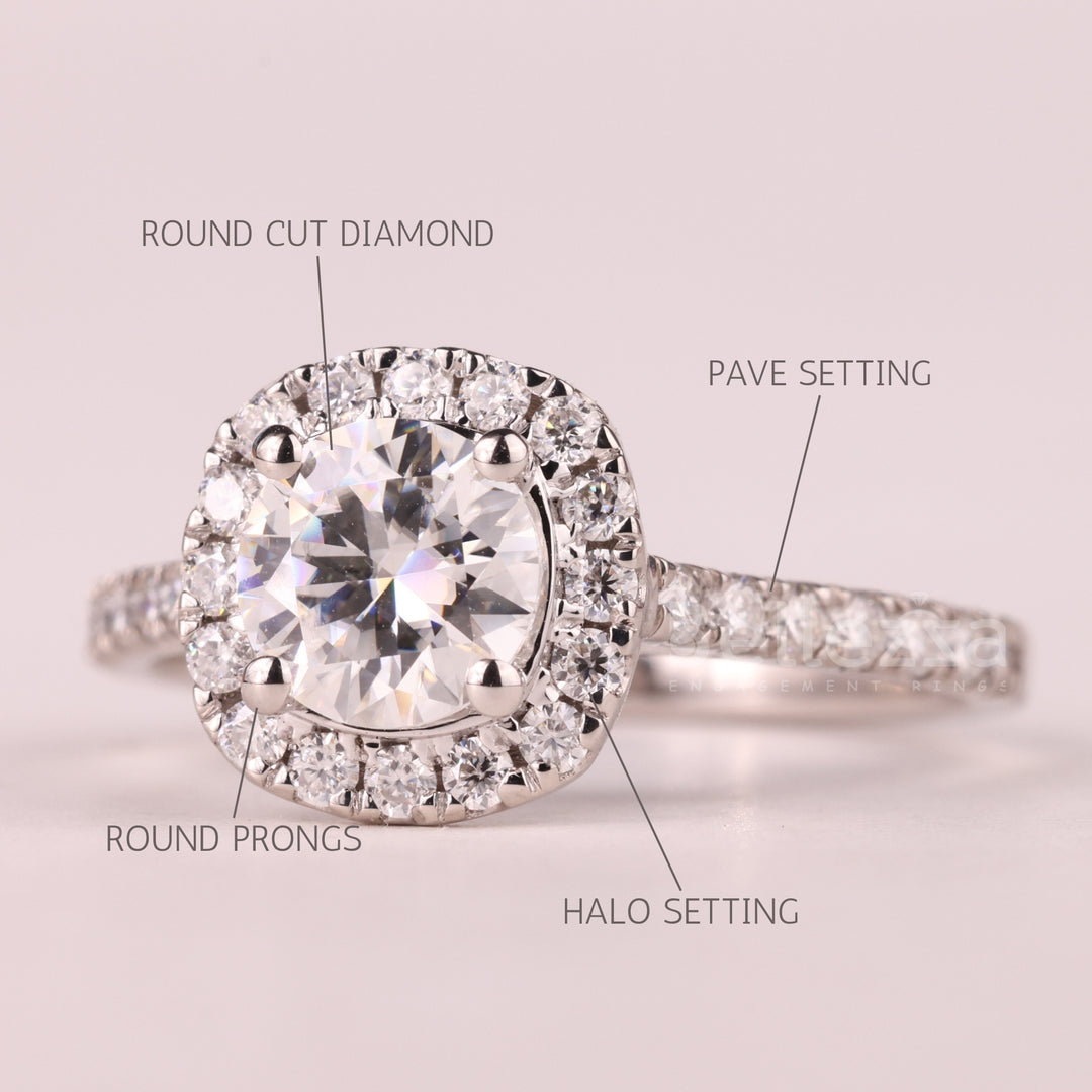 1.0CT Round Cut Halo Pave Setting Moissanite Engagement Ring